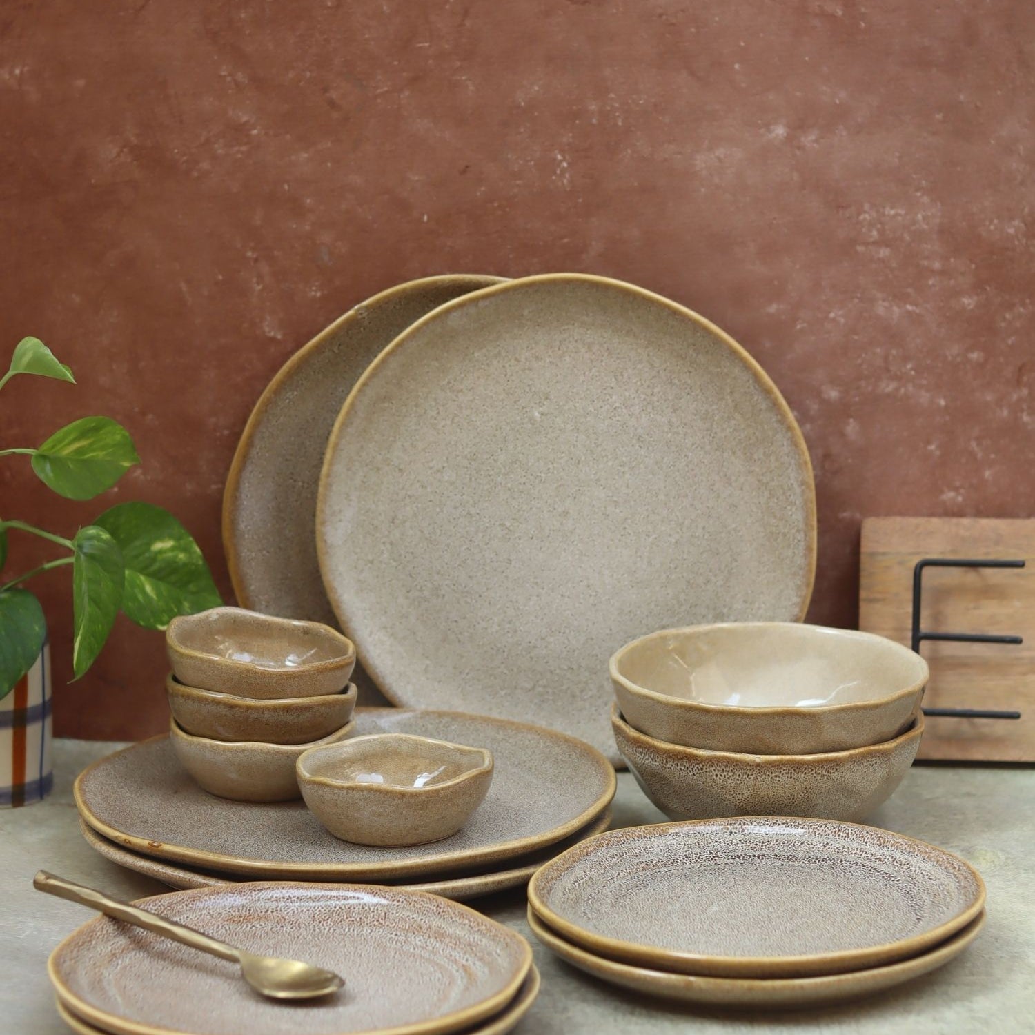 Set of 14 -  Beige Artisanal Dinner Set made by ceramic
