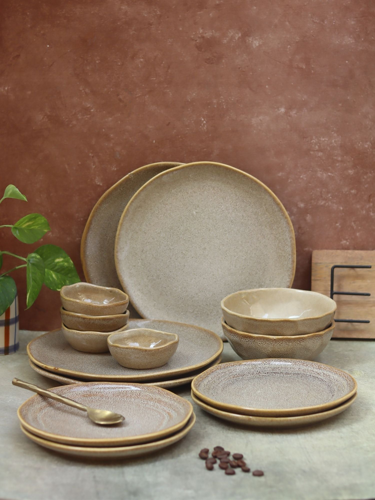 Set of 14 -  Beige Artisanal Dinner Set made by ceramic