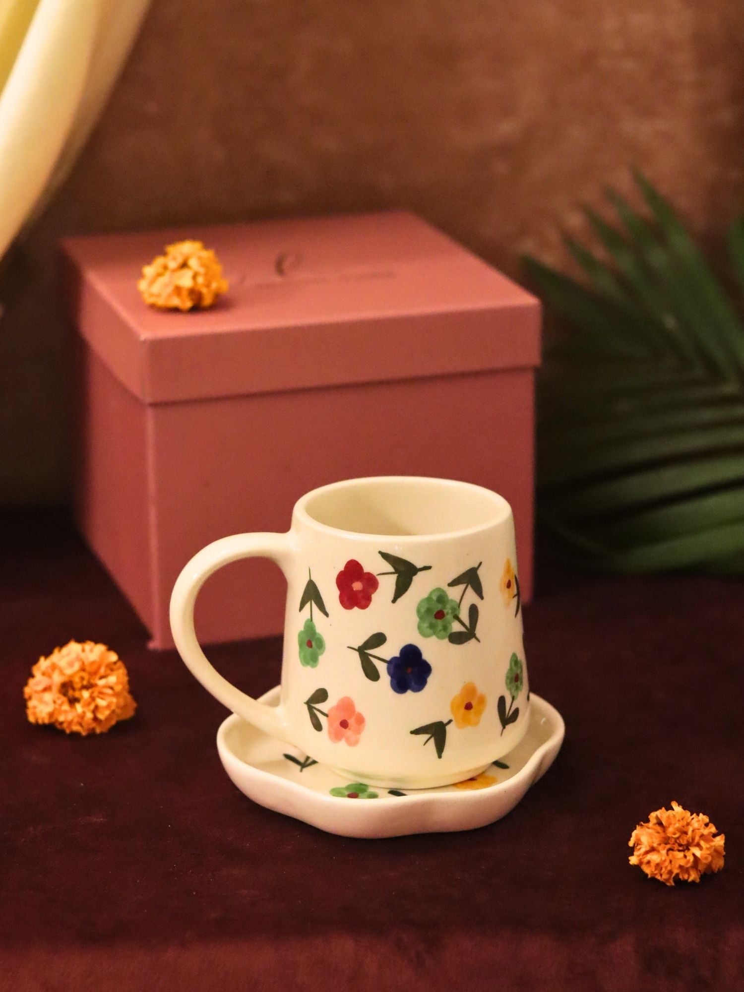 Floral Blossom Mug & Handmade Dessert Plate in a Gift Box handmade in India