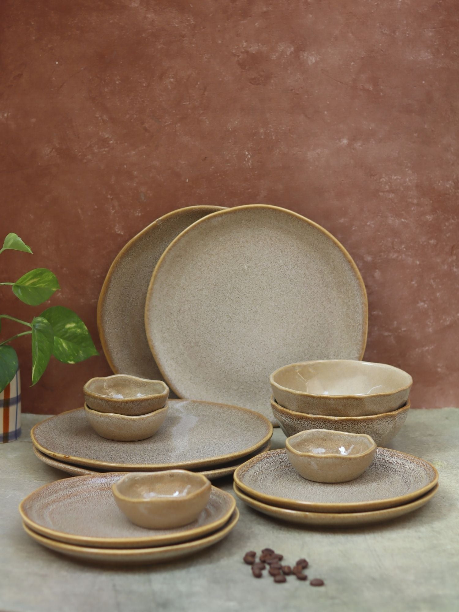 Set of 14 -  Beige Artisanal Dinner Set with premium quality material