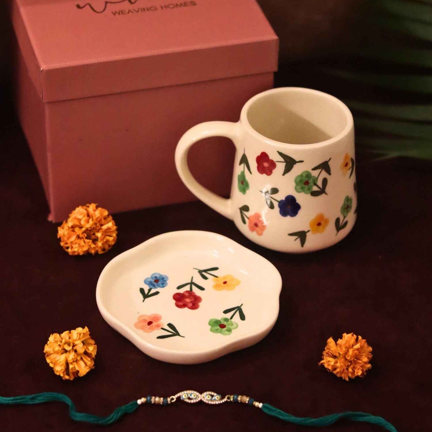 Floral Blossom Mug & Handmade Dessert Plate Rakhi Gift Box
