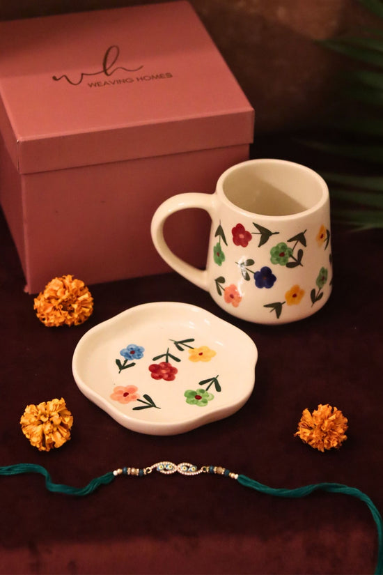 Handmade Floral Blossom Mug & Handmade Dessert Plate Rakhi Gift Box