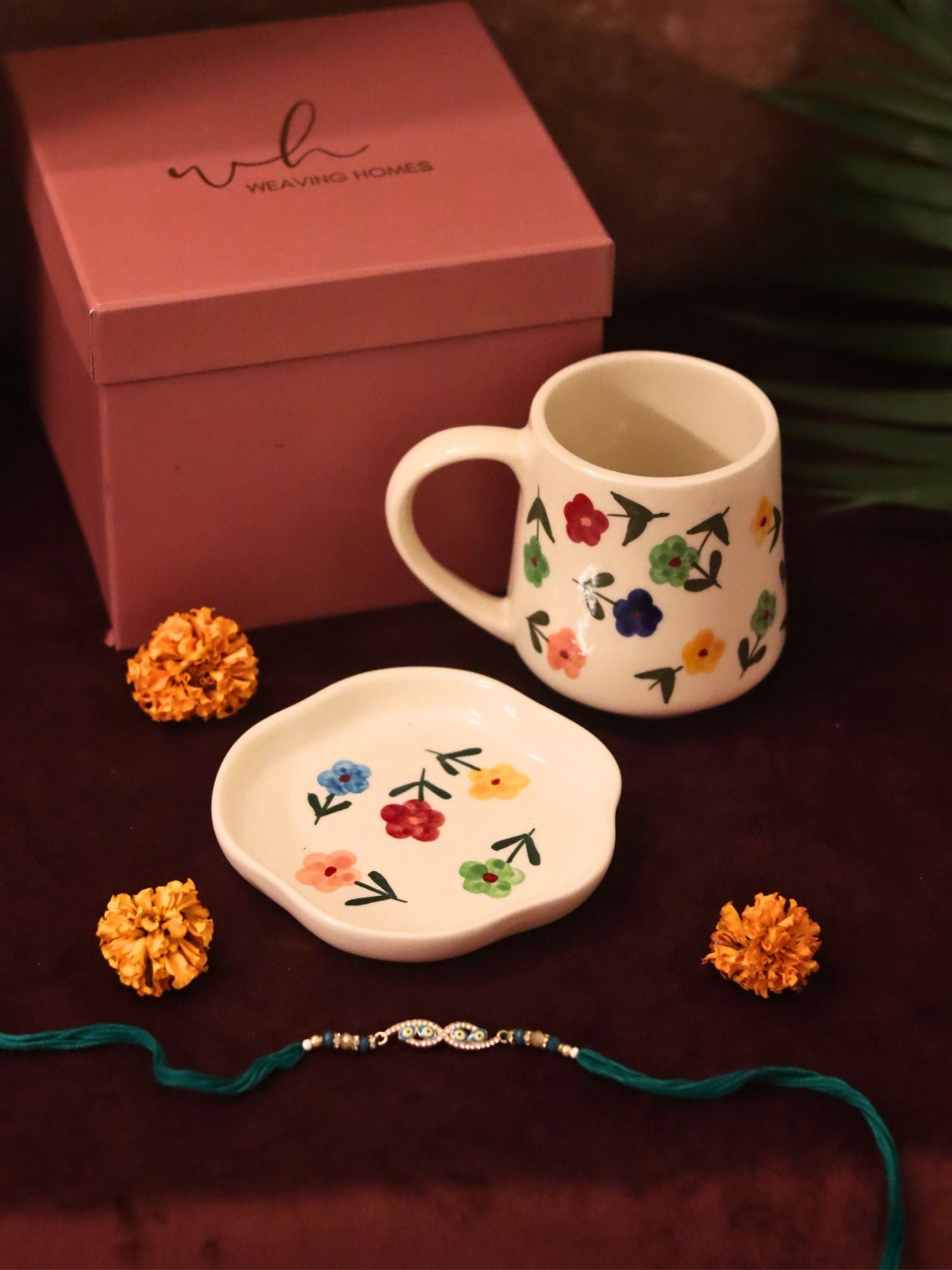 Handmade Floral Blossom Mug & Handmade Dessert Plate Rakhi Gift Box