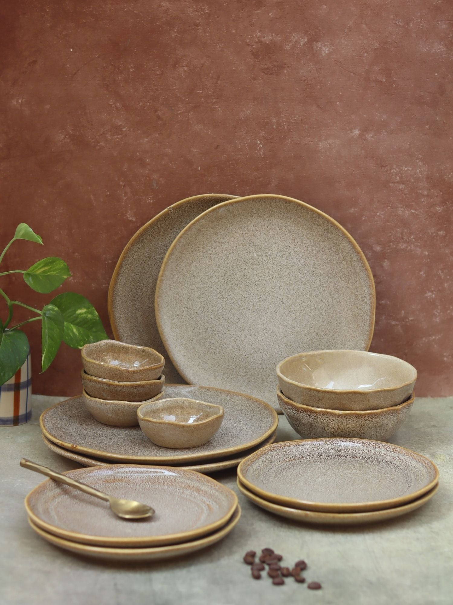 Set of 14 -  Beige Artisanal Dinner Set handmade in india