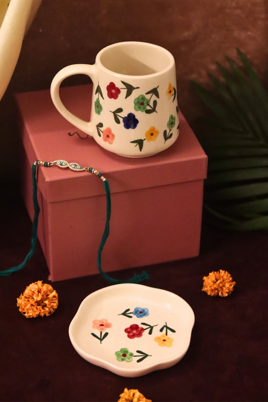 Floral Blossom Mug & Handmade Dessert Plate Rakhi Gift Box handmade in India