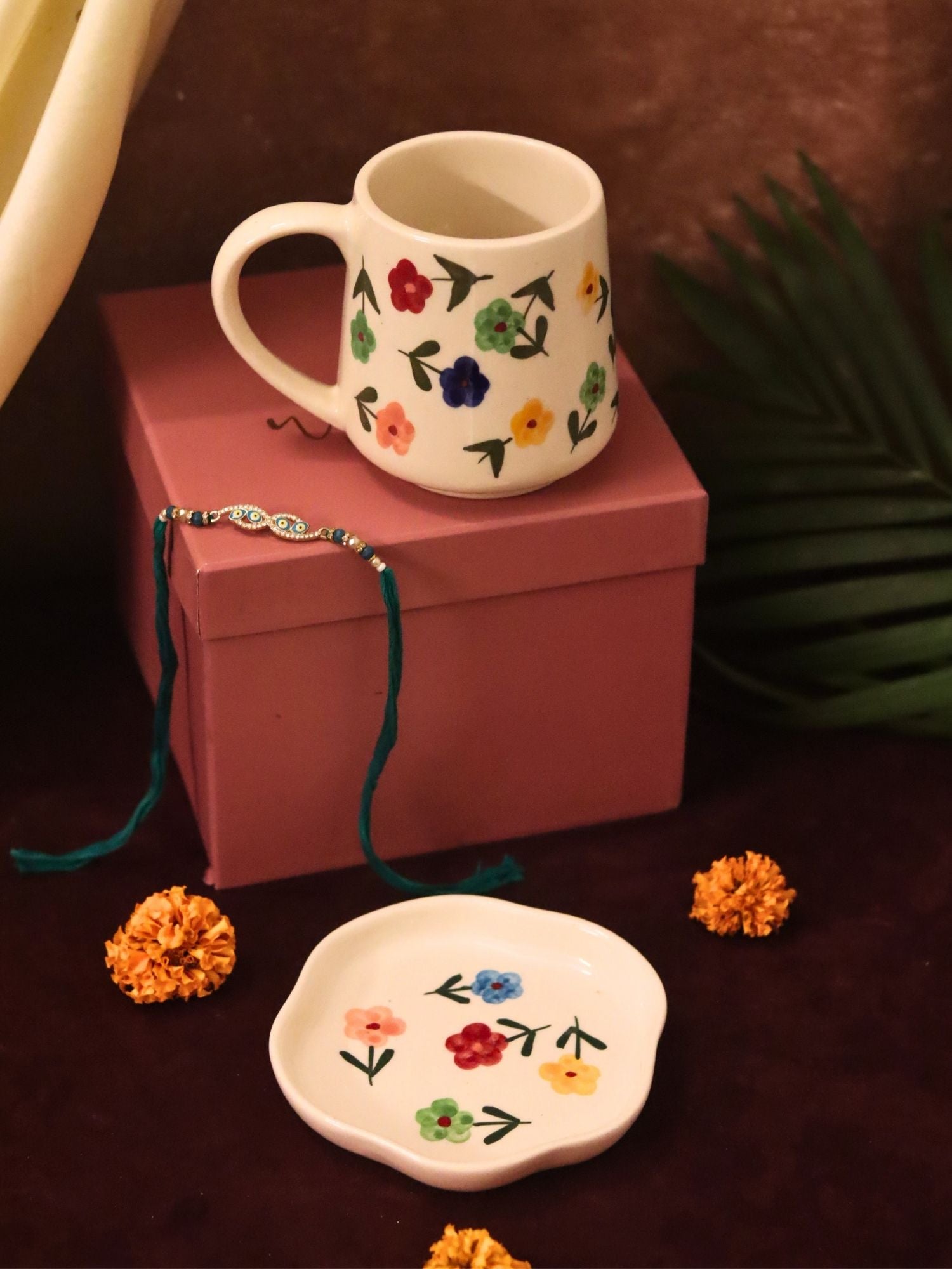 Floral Blossom Mug & Handmade Dessert Plate Rakhi Gift Box handmade in India