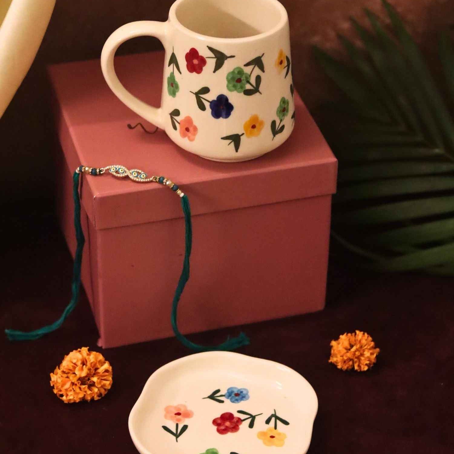 Floral Blossom Mug & Handmade Dessert Plate Rakhi Gift Box
