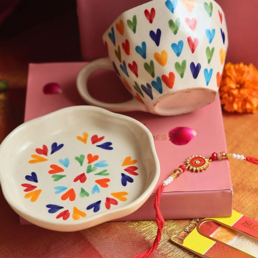 LoveisLove Mug & LoveisLove Dessert Plate Rakhi Gift Box made by ceramic