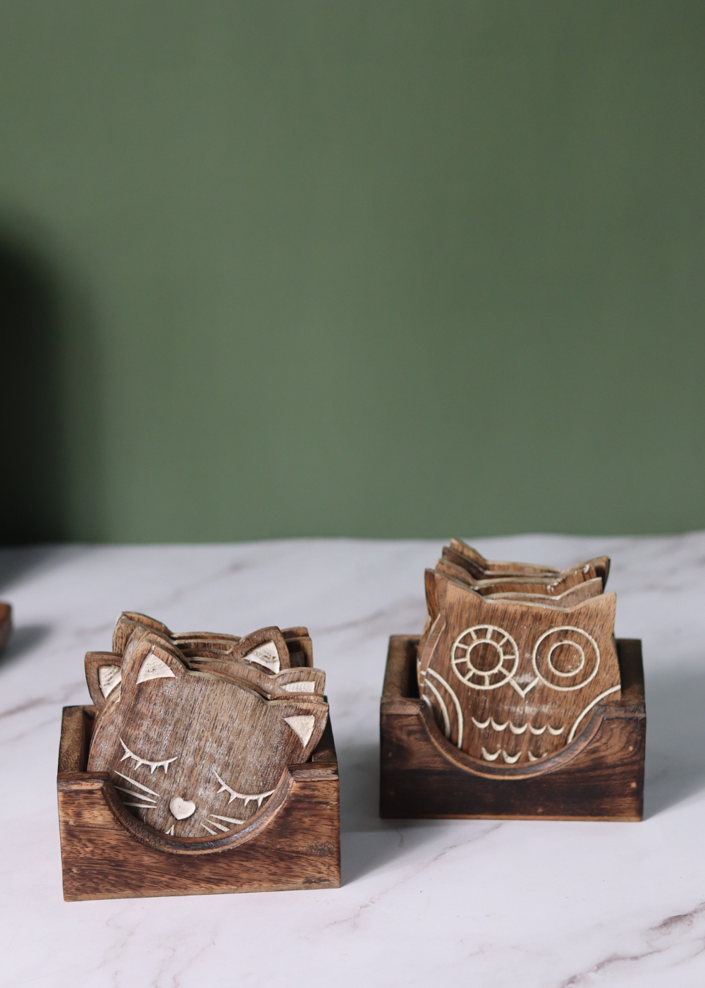 handmade wooden cat & owl coaster 