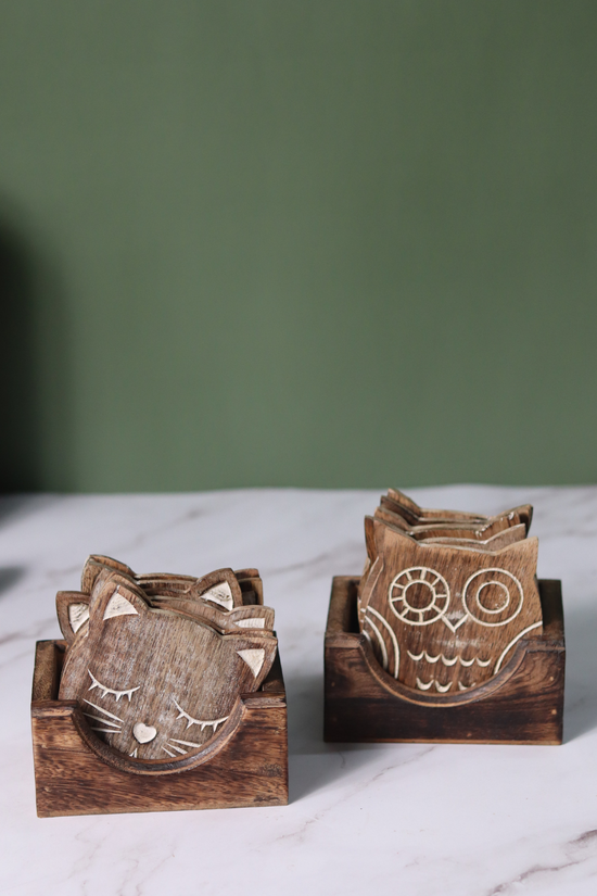 handmade wooden cat & owl coaster 