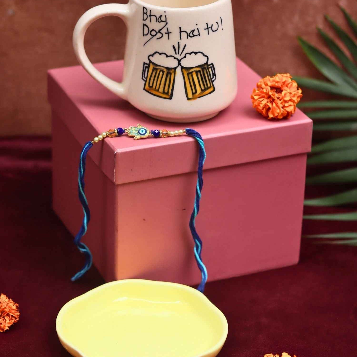 Bhai hai tu Mug & Sunshine yellow Handmade Dessert Plate Rakhi Gift Box