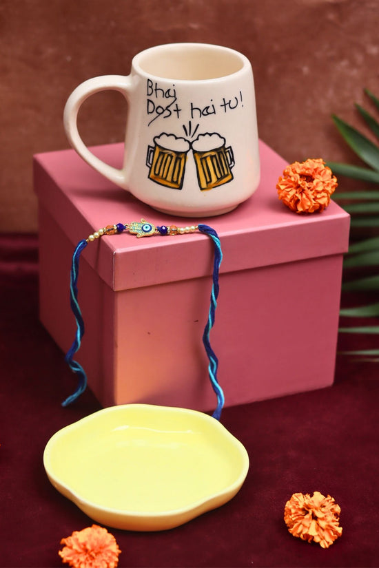 handmade Bhai hai tu Mug & Sunshine yellow Handmade Dessert Plate Rakhi Gift Box