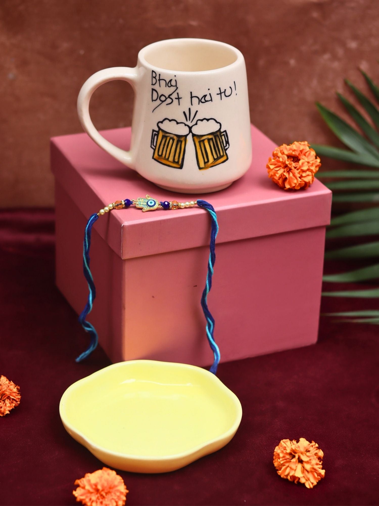 handmade Bhai hai tu Mug & Sunshine yellow Handmade Dessert Plate Rakhi Gift Box