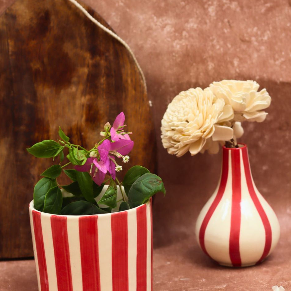 Red striped Planter & Vase Combo handmade in India