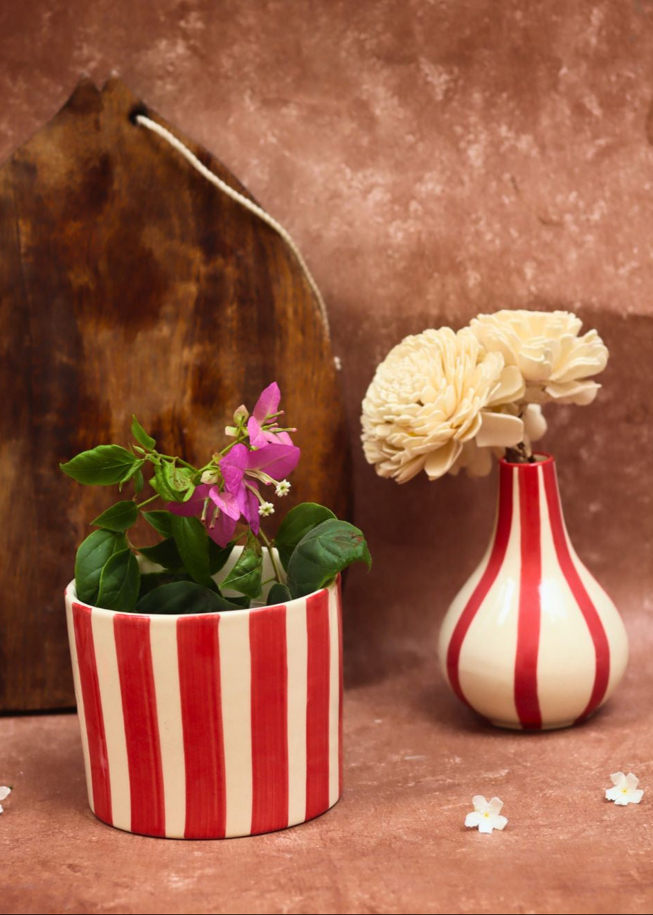 Red striped Planter & Vase Combo handmade in India