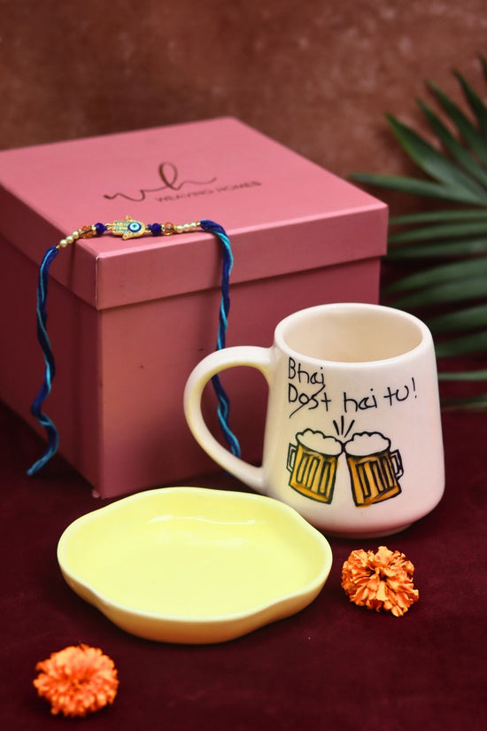 Bhai hai tu Mug & Sunshine yellow Handmade Dessert Plate Rakhi Gift Box made by ceramic