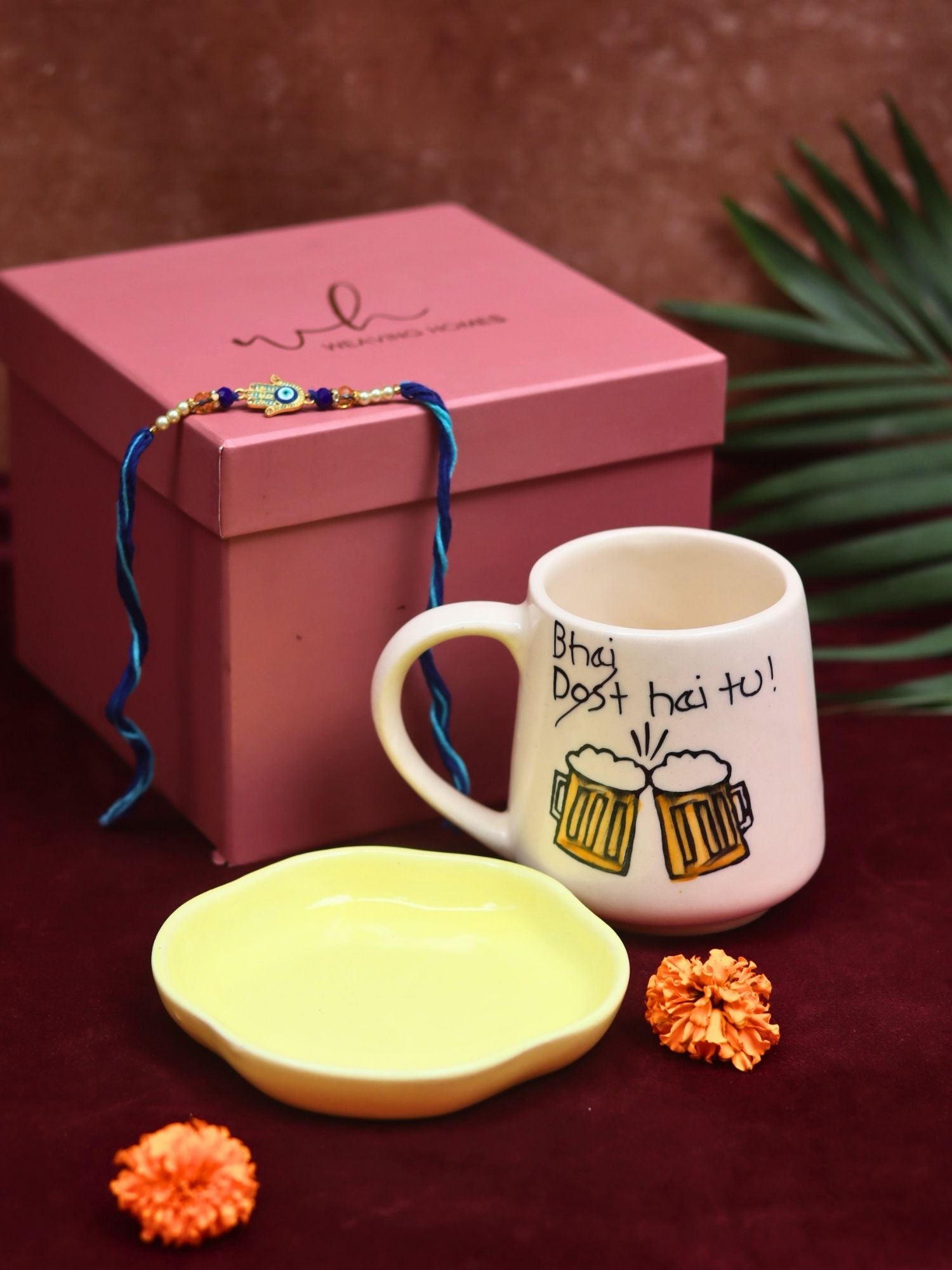 Bhai hai tu Mug & Sunshine yellow Handmade Dessert Plate Rakhi Gift Box made by ceramic