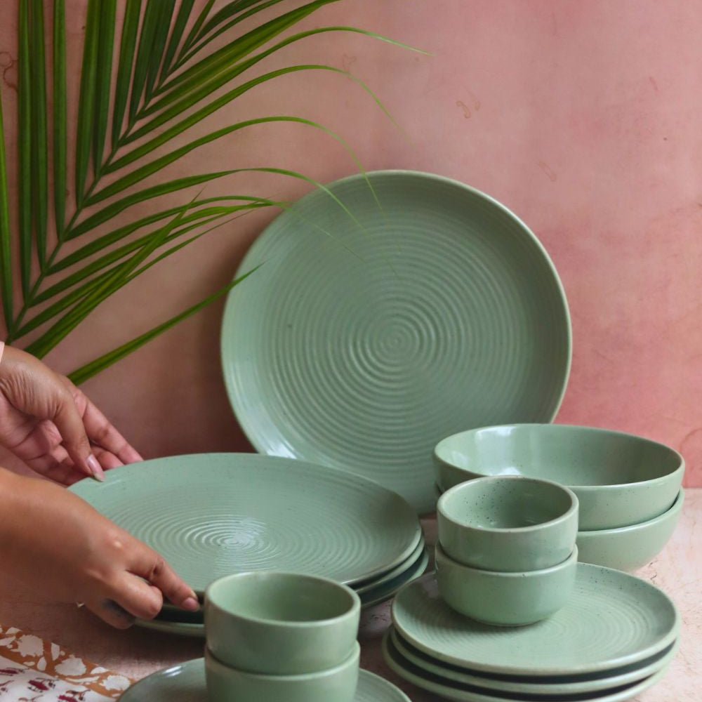 Set of 14 -  Sage Green Dinner set with premium quality material