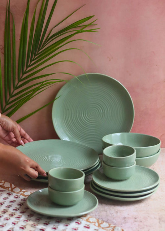 Set of 14 -  Sage Green Dinner set with premium quality material