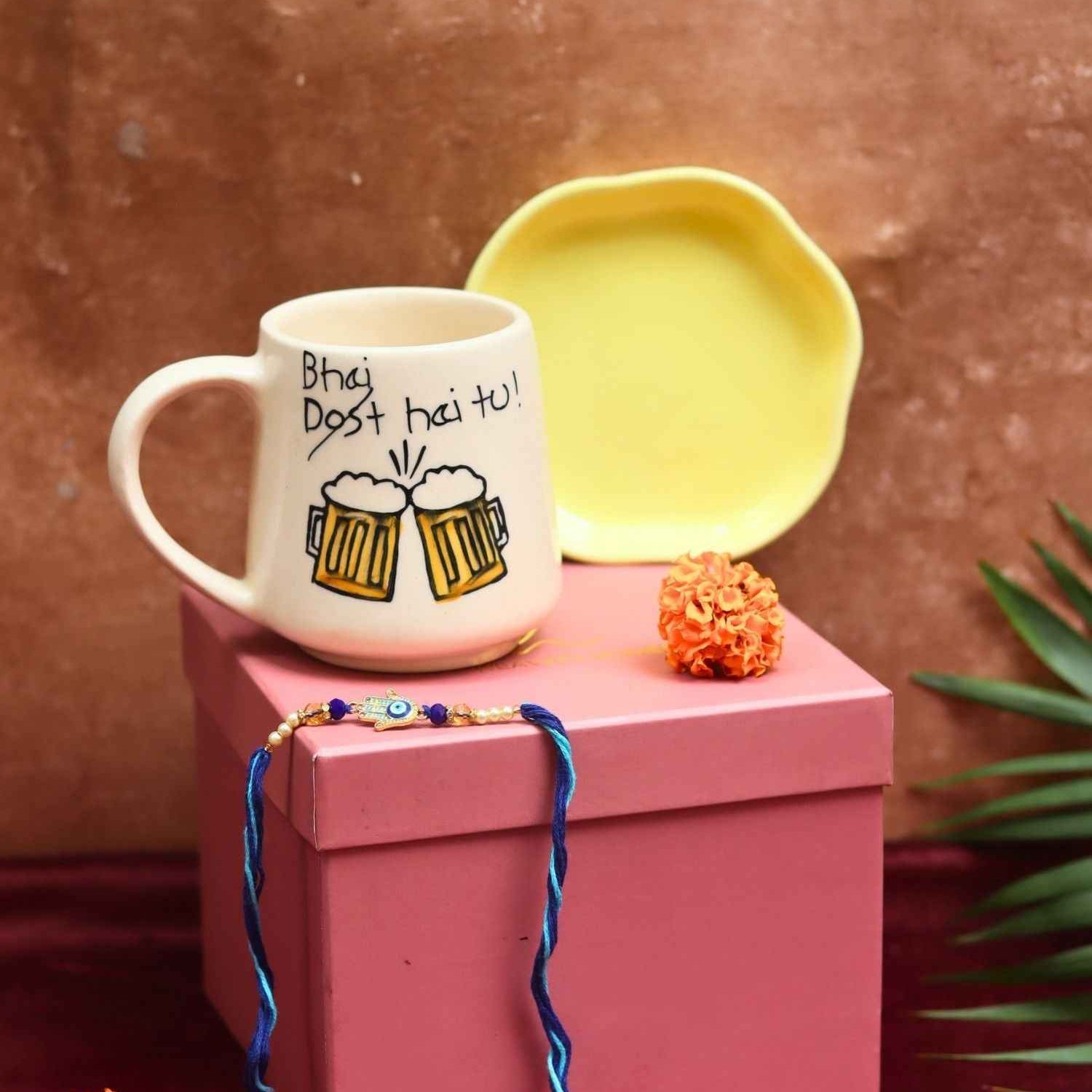 Bhai hai tu Mug & Sunshine yellow Handmade Dessert Plate Rakhi Gift Box