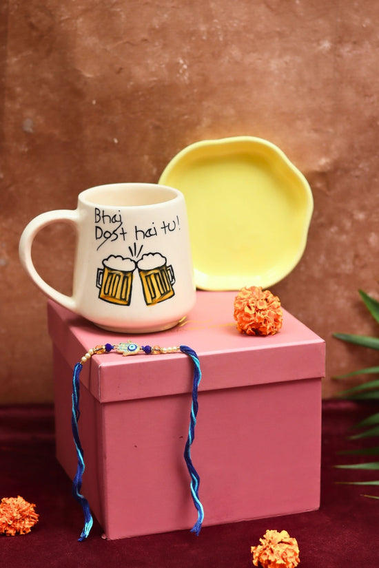 Bhai hai tu Mug & Sunshine yellow Handmade Dessert Plate Rakhi Gift Box with premium quality material