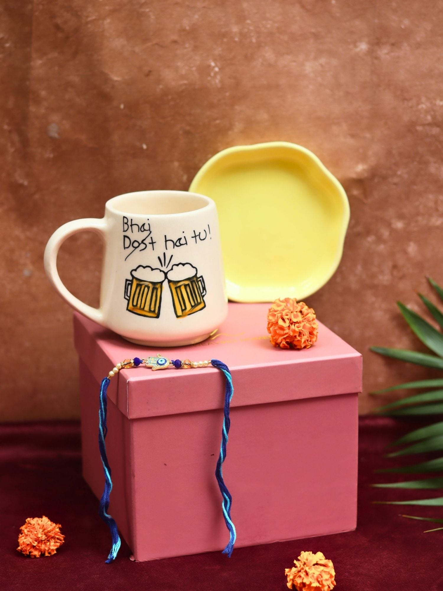 Bhai hai tu Mug & Sunshine yellow Handmade Dessert Plate Rakhi Gift Box with premium quality material