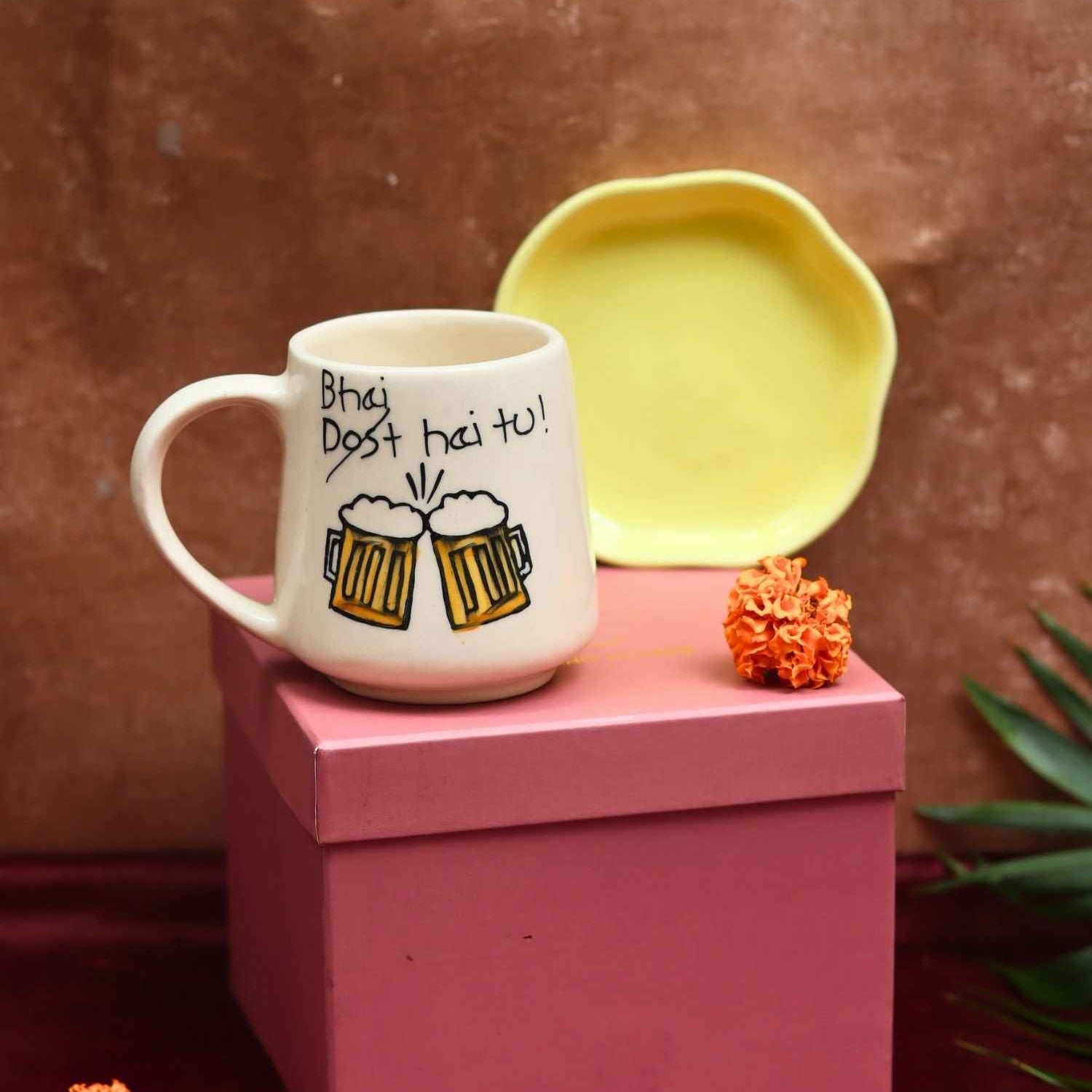 Bhai hai tu Mug & Sunshine yellow Handmade Dessert Plate in a Gift Box