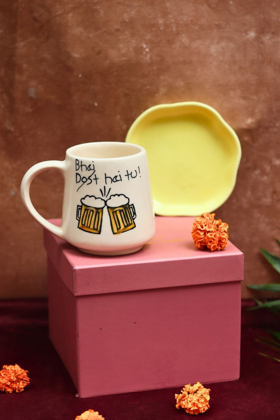 Handmade Bhai hai tu Mug & Sunshine yellow Handmade Dessert Plate in a Gift Box
