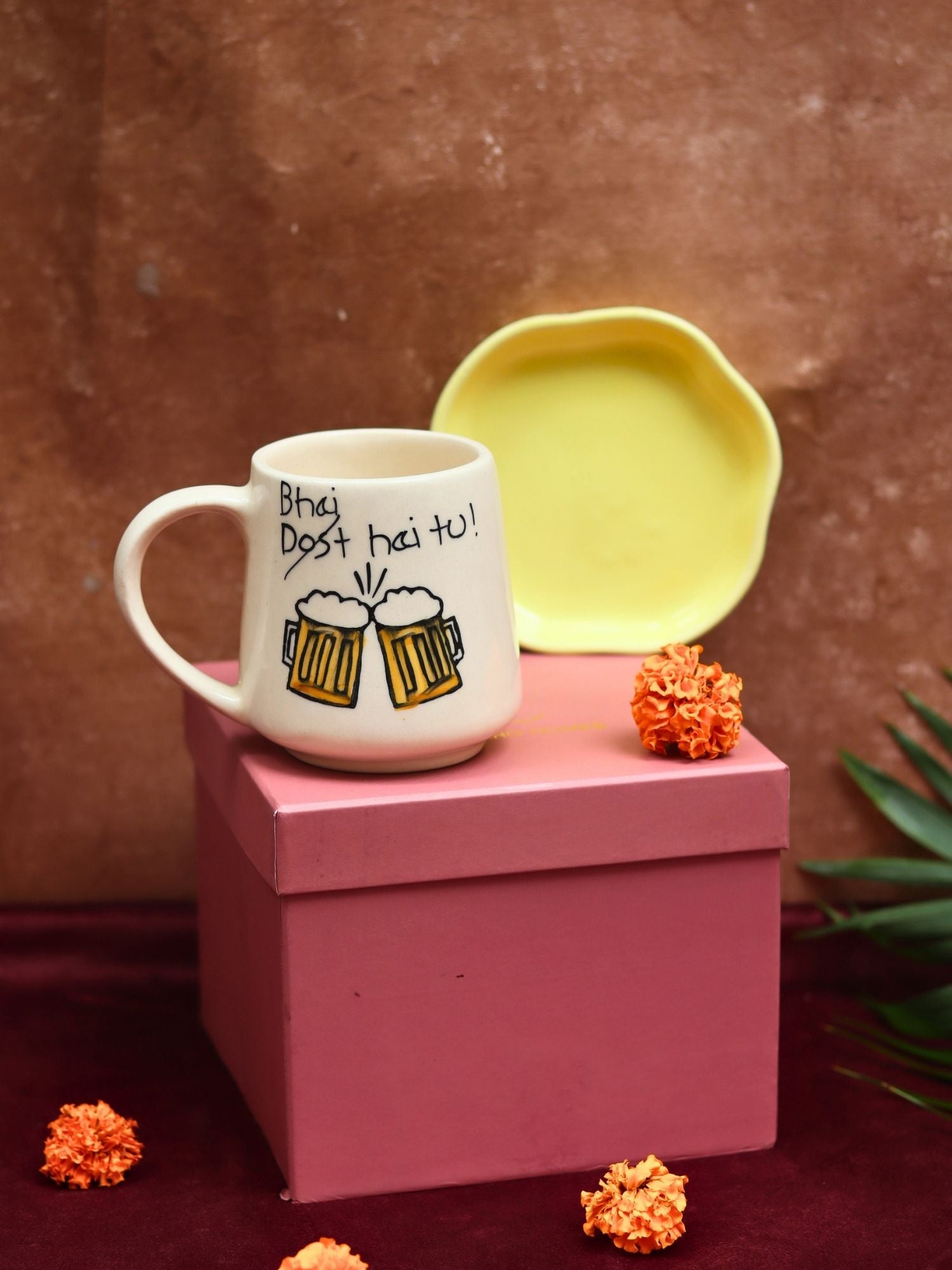 Handmade Bhai hai tu Mug & Sunshine yellow Handmade Dessert Plate in a Gift Box