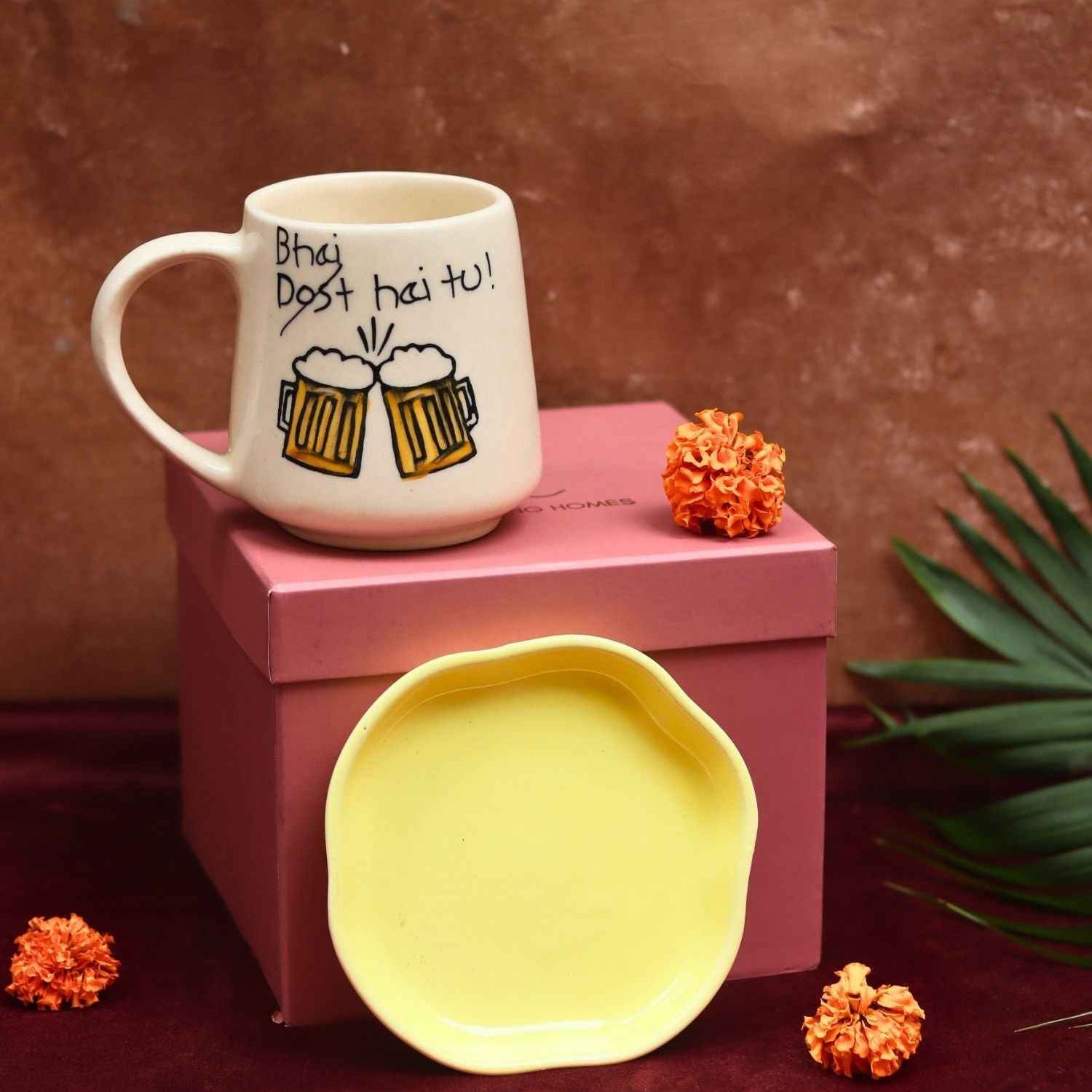 Bhai hai tu Mug & Sunshine yellow Handmade Dessert Plate in a Gift Box