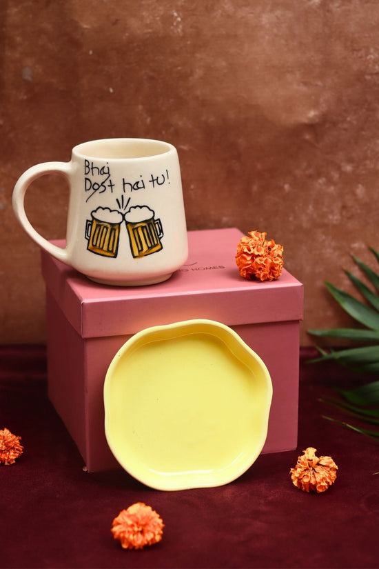 Bhai hai tu Mug & Sunshine yellow Handmade Dessert Plate in a Gift Box made by ceramic