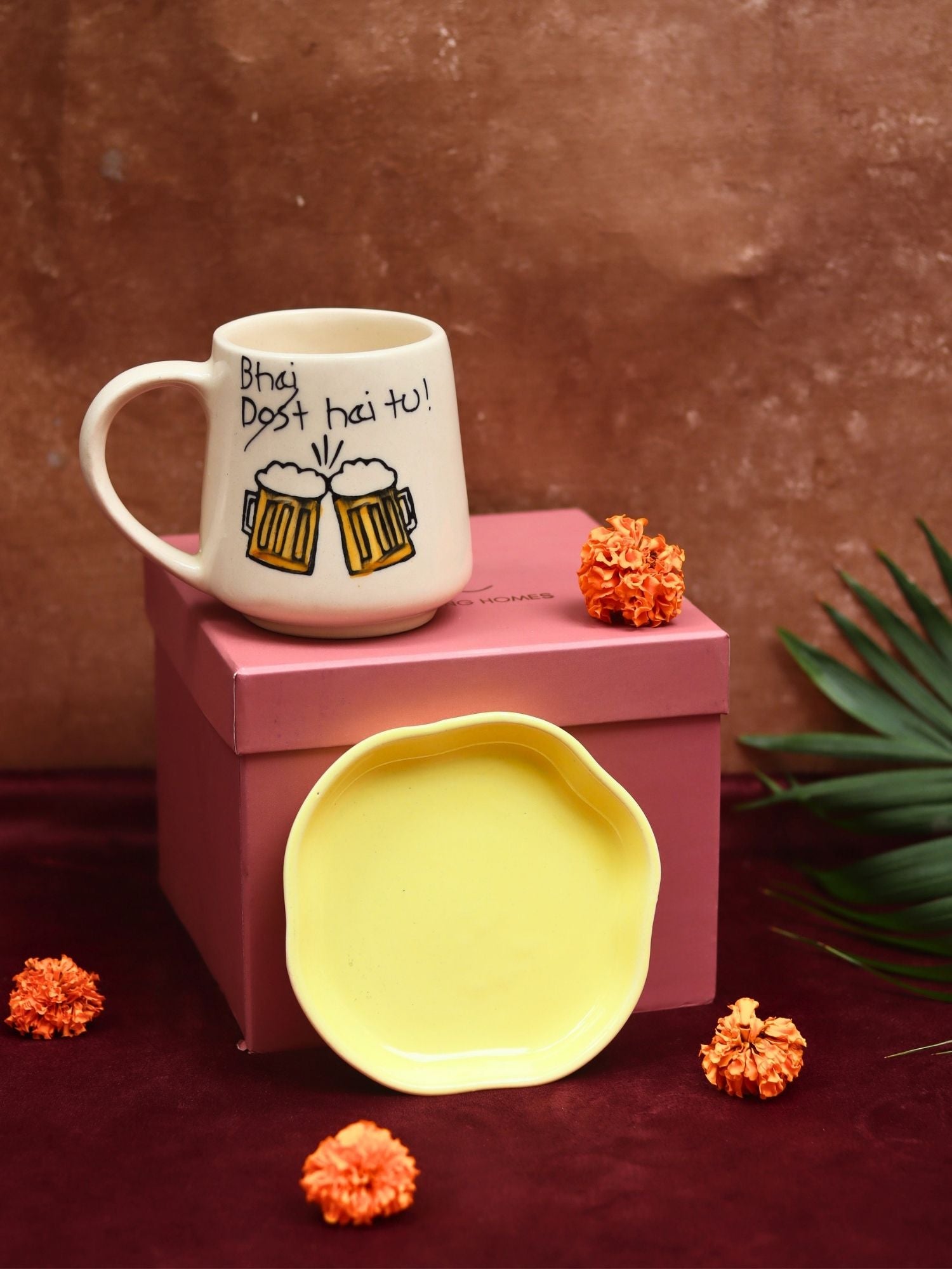 Bhai hai tu Mug & Sunshine yellow Handmade Dessert Plate in a Gift Box made by ceramic