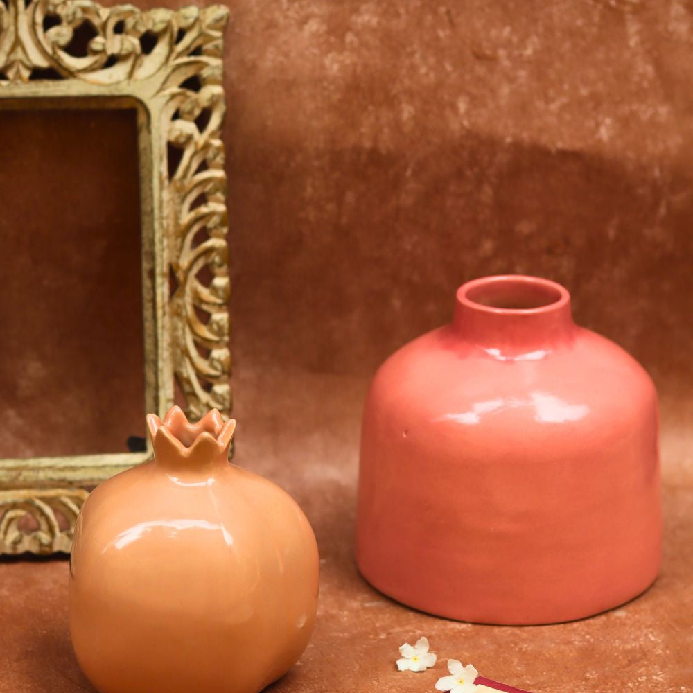 Peach Anar & Pink Round vase combo handmade in India