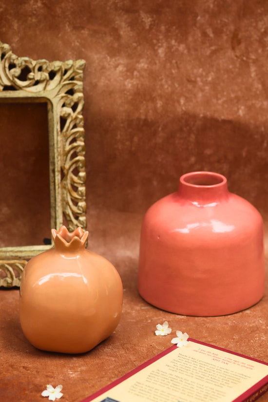 Peach Anar & Pink Round vase combo handmade in India