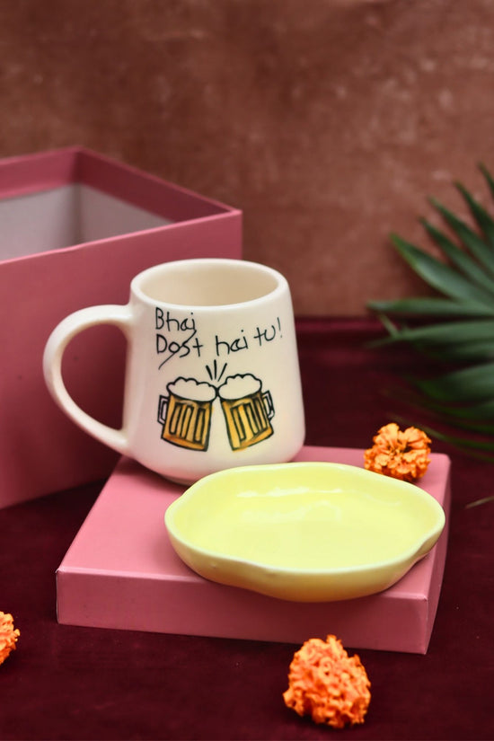 Bhai hai tu Mug & Sunshine yellow Handmade Dessert Plate in a Gift Box with premium quality material