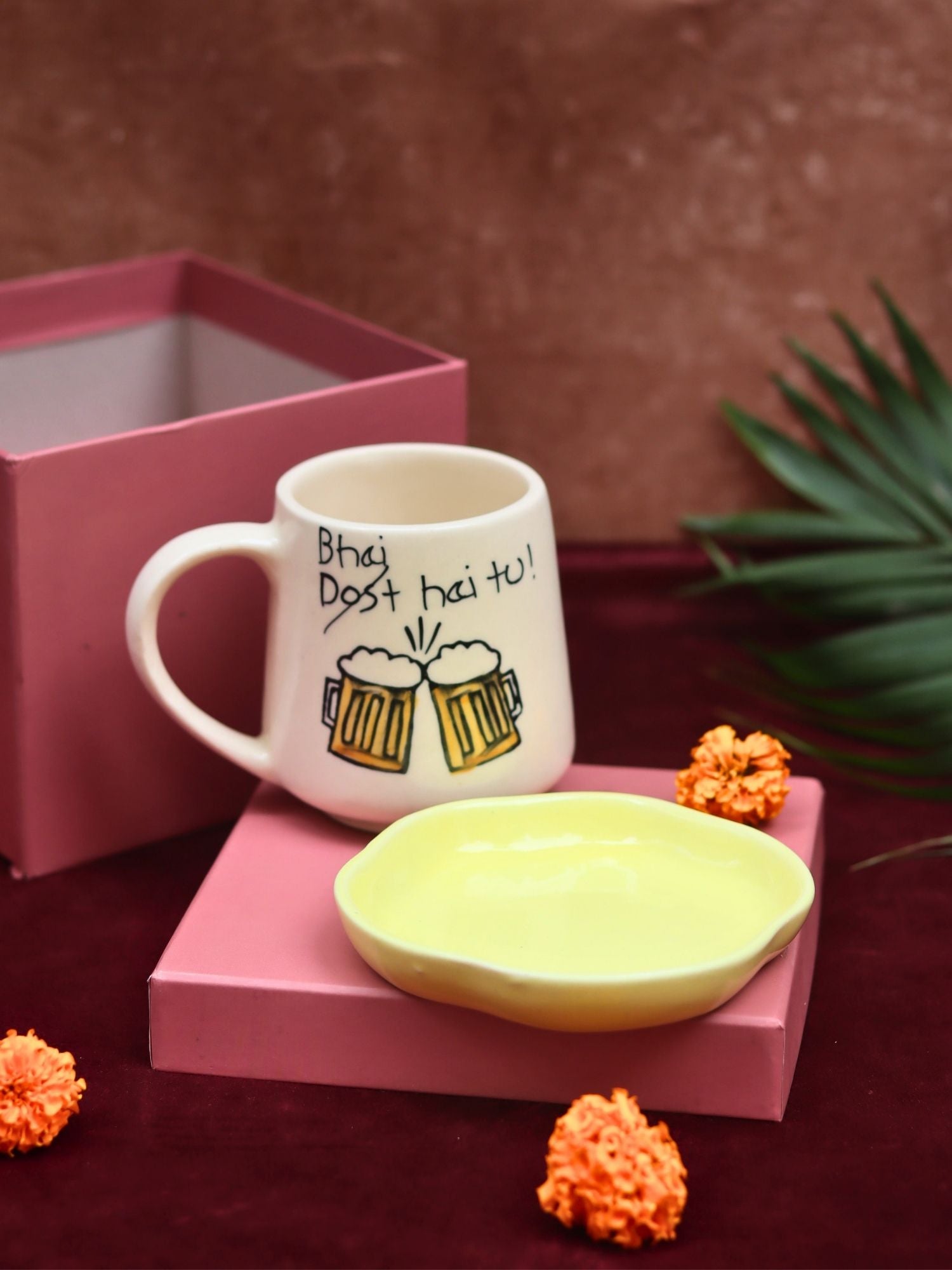 Bhai hai tu Mug & Sunshine yellow Handmade Dessert Plate in a Gift Box with premium quality material