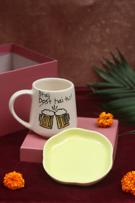 Bhai hai tu Mug & Sunshine yellow Handmade Dessert Plate in a Gift Box handmade in India