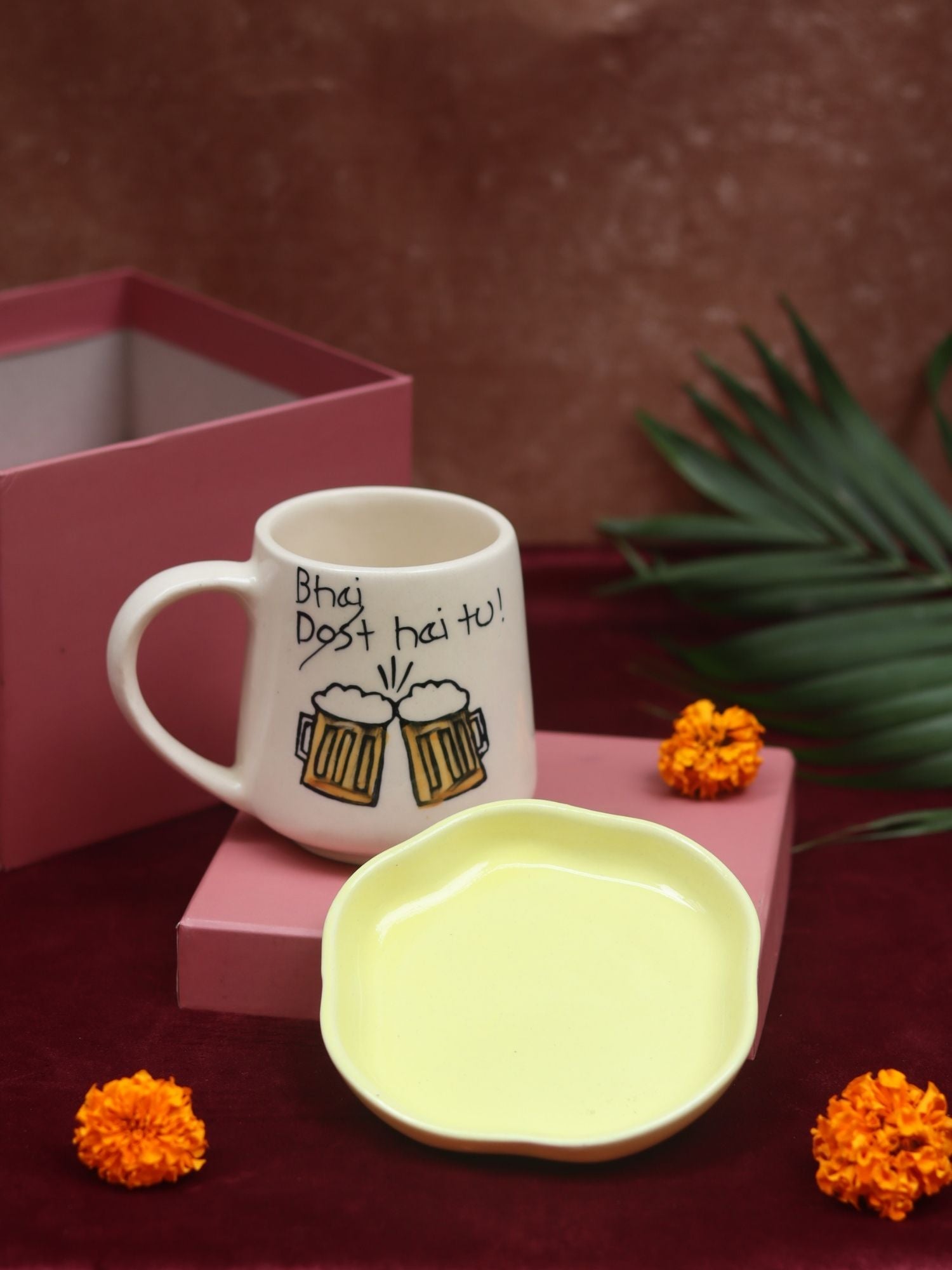 Bhai hai tu Mug & Sunshine yellow Handmade Dessert Plate in a Gift Box handmade in India