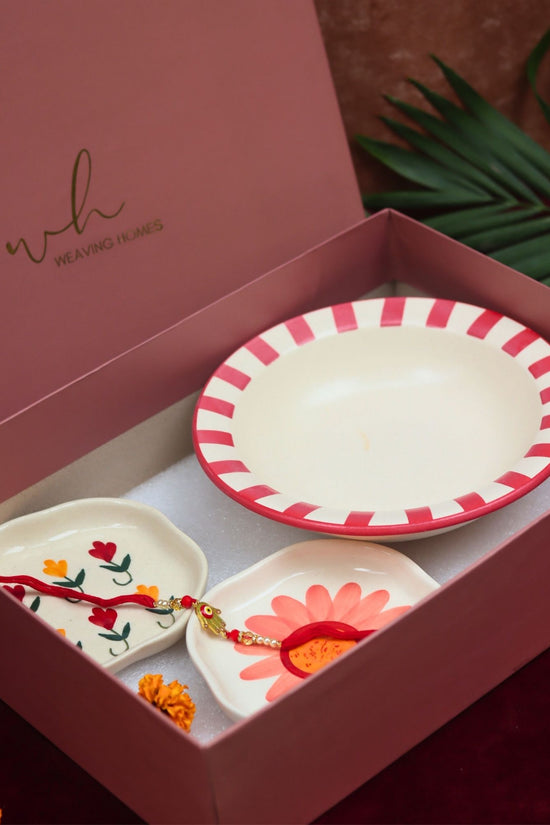 handmade lead free Set of 3 - Red Striped pasta plate, Pastel tulip & Flower Handmade dessert plate combo Rakhi Gift box