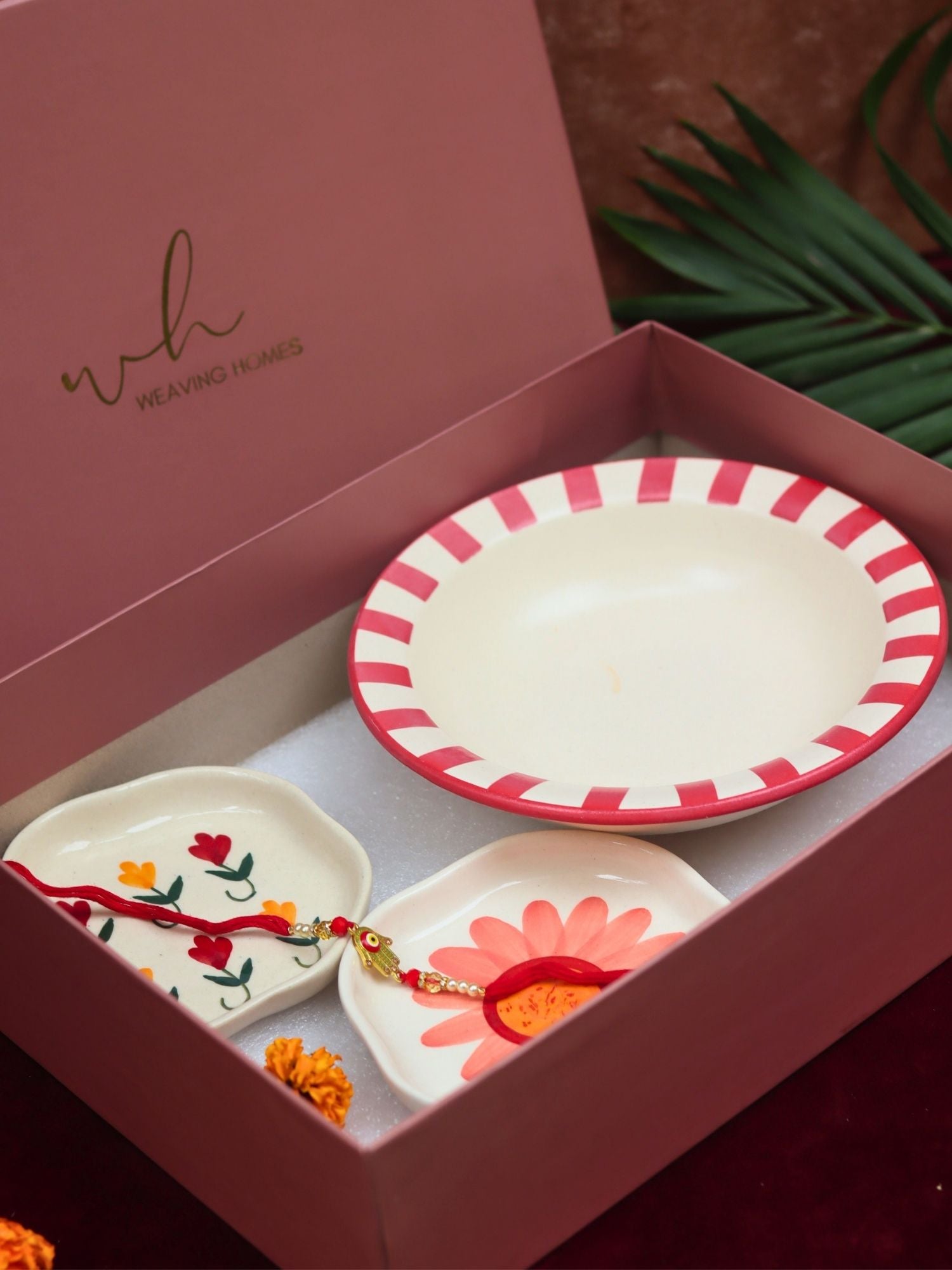 handmade lead free Set of 3 - Red Striped pasta plate, Pastel tulip & Flower Handmade dessert plate combo Rakhi Gift box