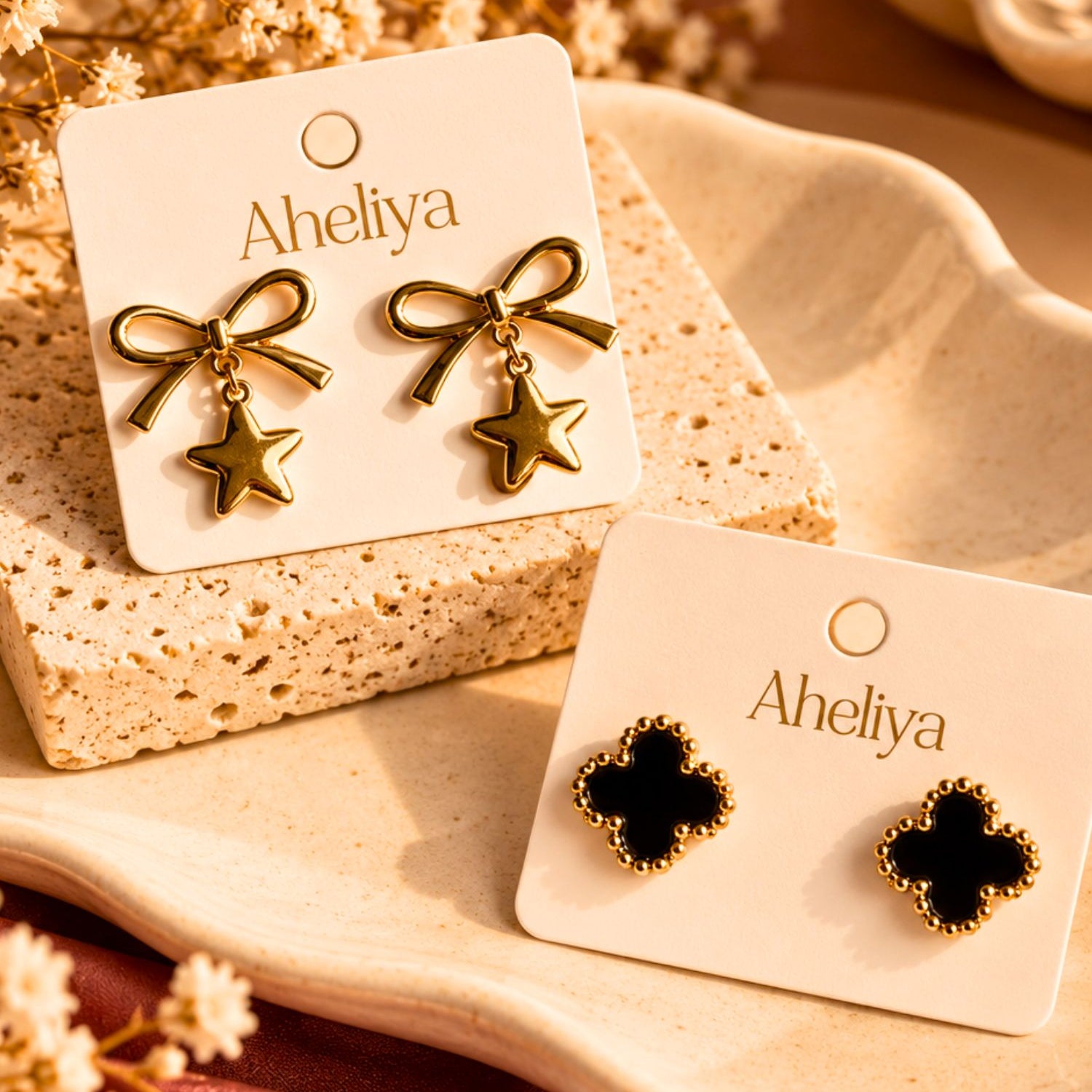Gold Plated Set of 2 - Stary Bow & Clover Earrings combo