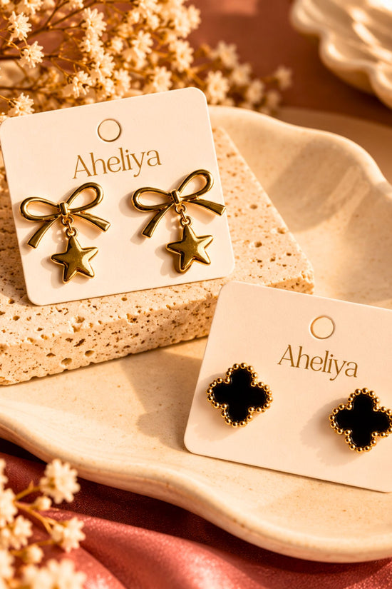 Gold Plated Set of 2 - Stary Bow & Clover Earrings combo