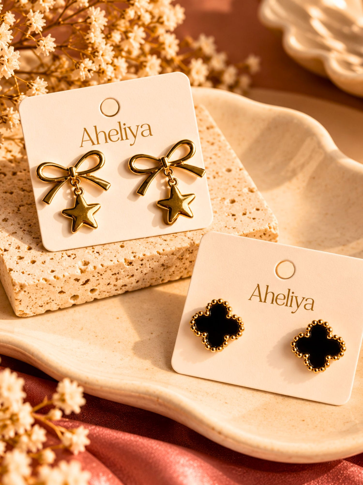 Gold Plated Set of 2 - Stary Bow & Clover Earrings combo