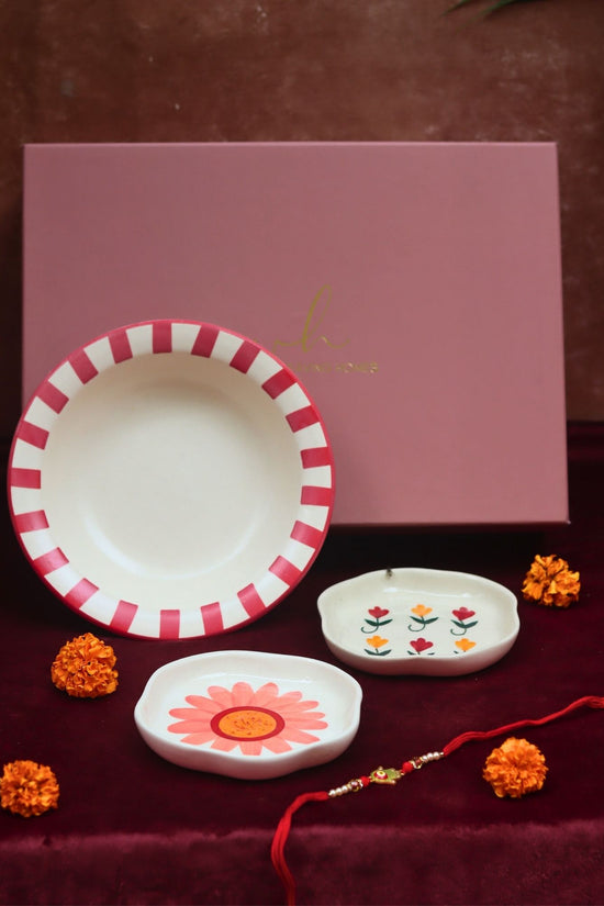 Set of 3 - Red Striped pasta plate, Pastel tulip & Flower Handmade dessert plate combo Rakhi Gift box made by ceramic