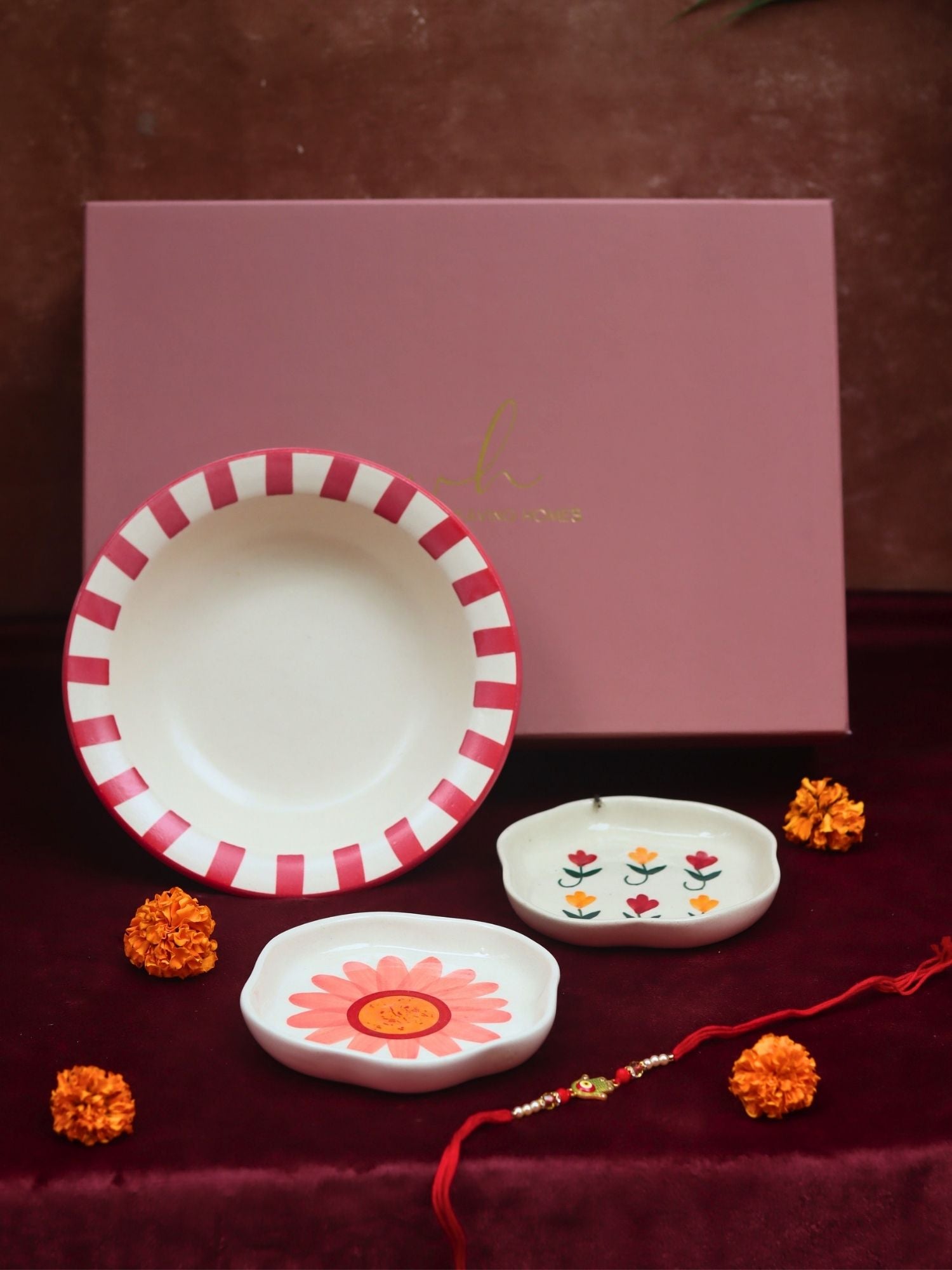 Set of 3 - Red Striped pasta plate, Pastel tulip & Flower Handmade dessert plate combo Rakhi Gift box made by ceramic