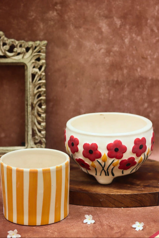 handmade Poppy Fields & Yellow Striped Planters combo