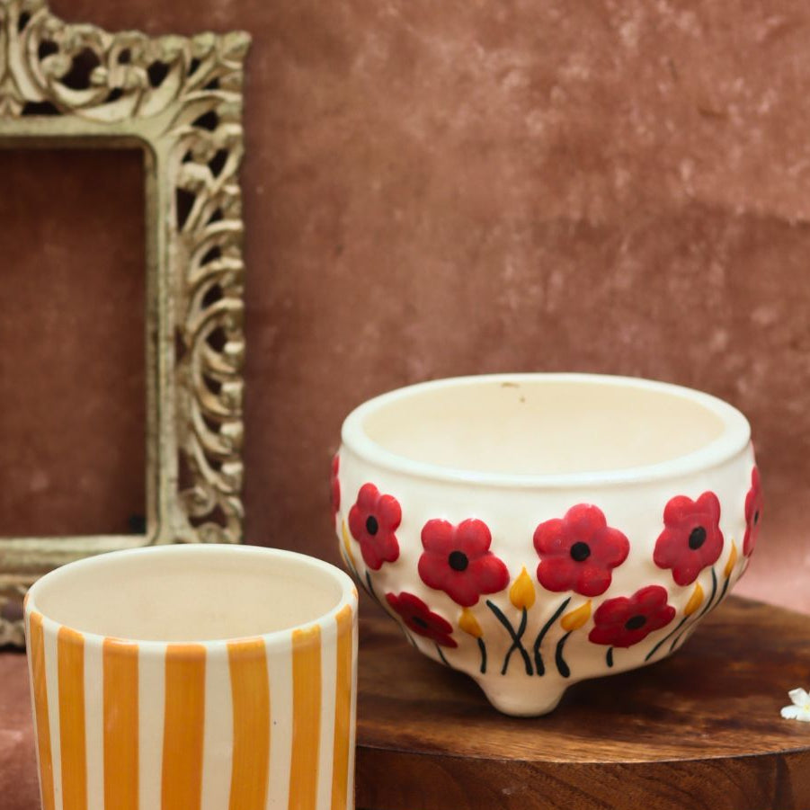 handmade Poppy Fields & Yellow Striped Planters combo