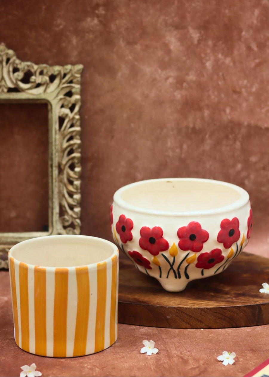 handmade Poppy Fields & Yellow Striped Planters combo