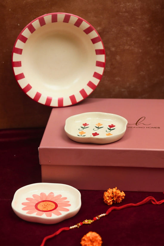 Set of 3 - Red Striped pasta plate, Pastel tulip & Flower Handmade dessert plate combo Rakhi Gift box with premium quality material
