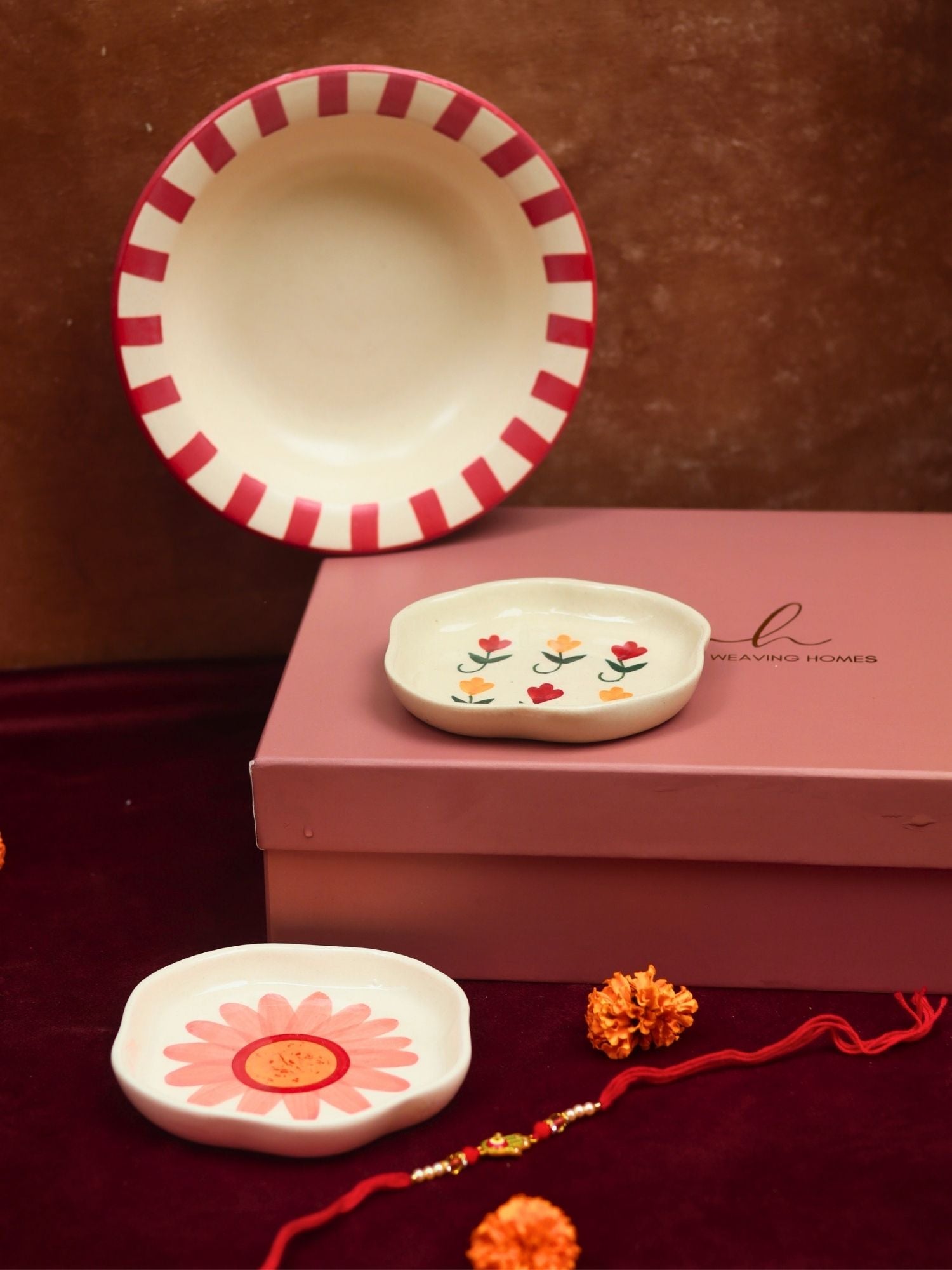 Set of 3 - Red Striped pasta plate, Pastel tulip & Flower Handmade dessert plate combo Rakhi Gift box with premium quality material